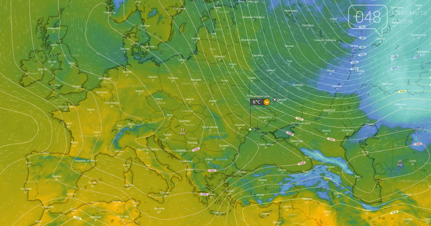 Погода в Одессе на сегодня, 2 марта 2021 года., Windy.com.