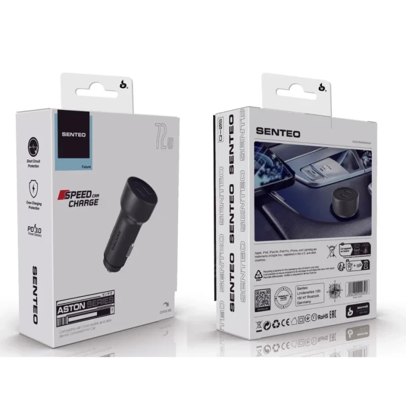 Автомобильное зарядное устройство SENTEO Q-05 2USB-C PD/QC 72W 3A Black - Изображение 1