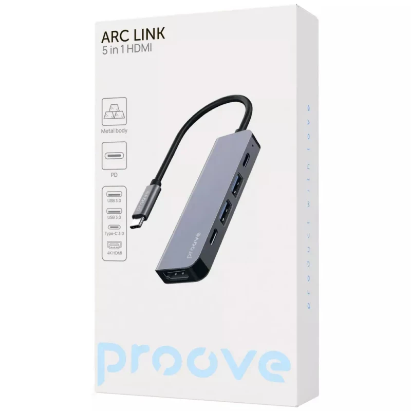 Type-C-Хаб Proove Arc Link 5 in 1 (2*Type-C + 2*USB3.0 + HDMI) (silver) (HBAL00010604) - Зображення 1