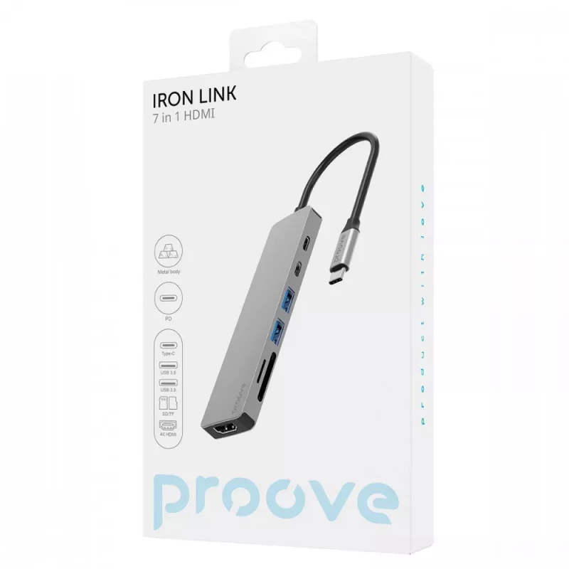 Type-C-Хаб Proove Iron Link 7 in 1 (2*Type-C + 2*USB3.0 + HDMI + SD/TF) (silver) (HBIL00222004) - Зображення 1