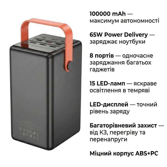 HOCO 100000mAh Max Centurion PD/65W, QC, LED Lamp, Black (DB03 / 714722) (UA) - Изображение 3