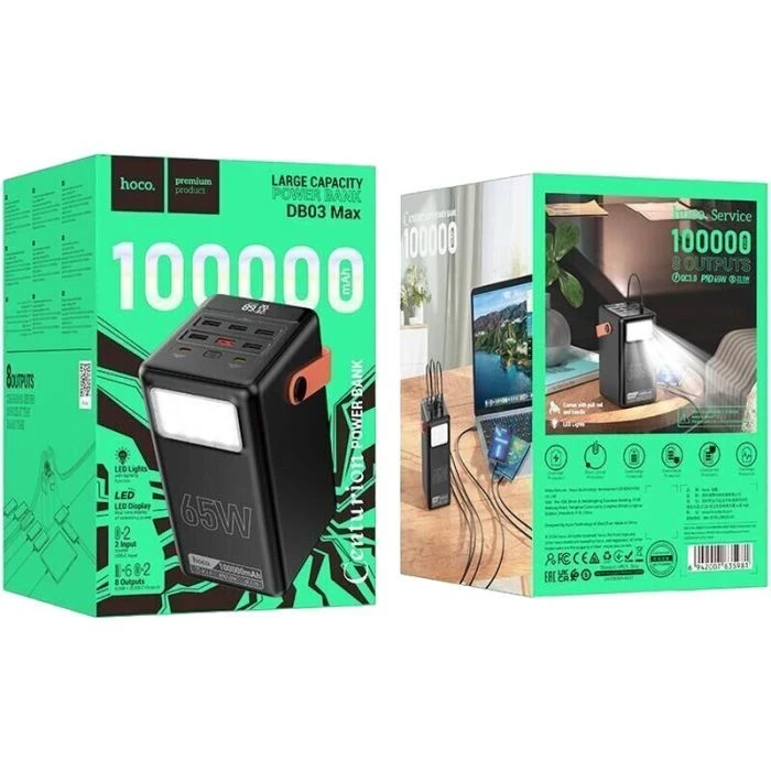 HOCO 100000mAh Max Centurion PD/65W, QC, LED Lamp, Black (DB03 / 714722) (UA) - Изображение 4
