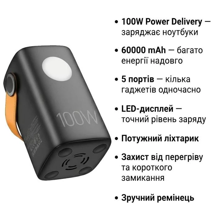 HOCO 60000mAh Astrum PD/100W, QC/3.0, LED lamp, Black (DB160 / 714724) (UA) - Зображення 3