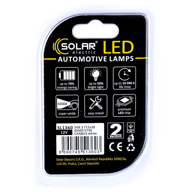 Светодиодные лампы T11x36 12V 6 SMD 5730 CANBUS комплект 2шт Solar (SL1360) - Изображение 2