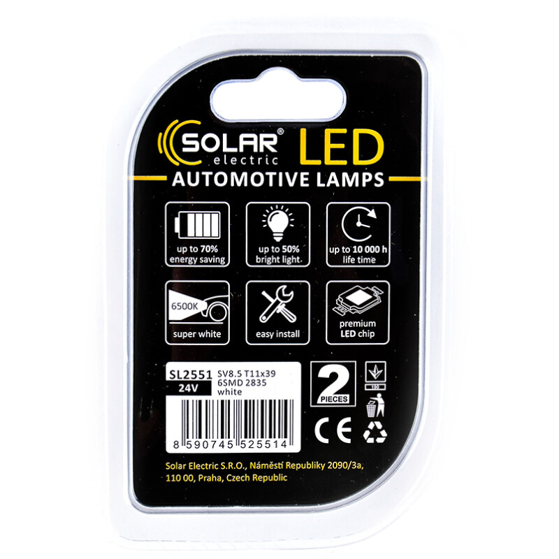 Светодиодные лампы 24V SV8.5 T11x39 6SMD 2835 для вспомогательного света Solar 2шт (SL2551) - Изображение 2