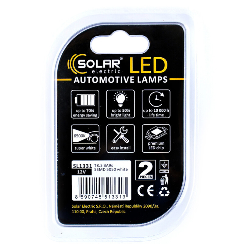 Светодиодные лампы T8.5 BA9s 12V 5 SMD 5050 белый свет Solar для авто SL1331 - Изображение 2