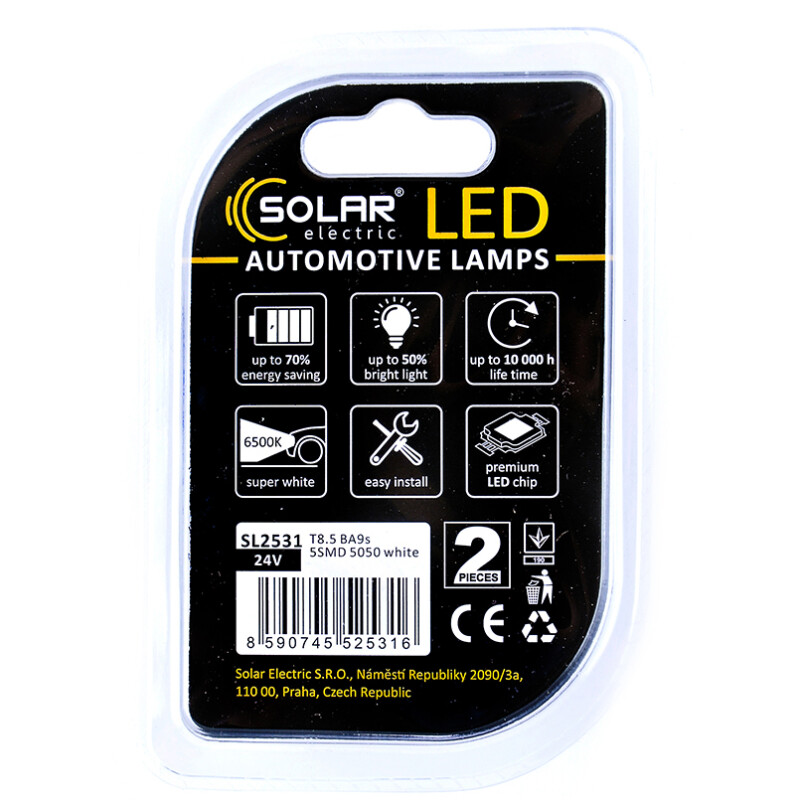 Светодиодные лампы на солнечной батарее 24V T8.5 BA9s 5SMD 5050 белый спектр 2шт Solar (SL2531) - Изображение 2