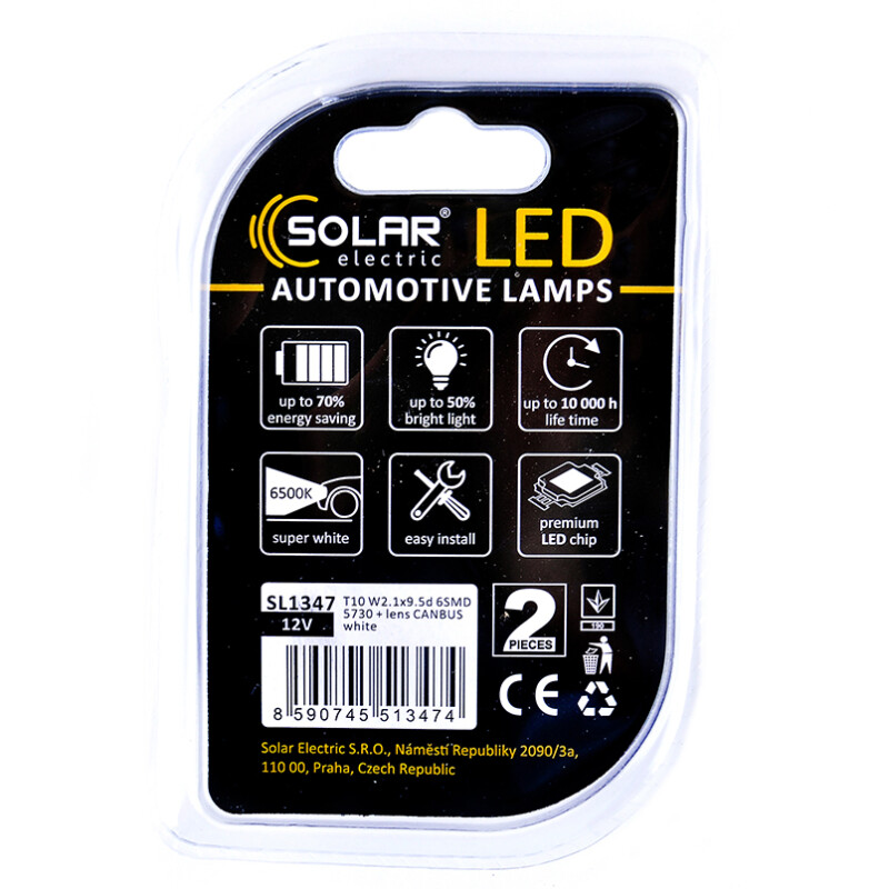 Светодиодные лампы 12V T10 W2.1x9.5d 6 SMD 5730 с линзой CANBUS Solar (SL1347) - Изображение 2