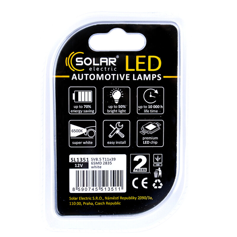 Светодиодные лампы 12V T11x39 6 SMD 2835 комплект 2 шт Solar для вспомогательного света (SL1351) - Изображение 2