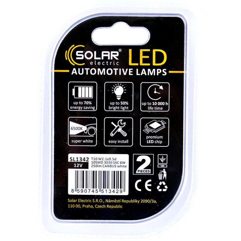 Светодиодные лампы 12V T10 10 SMD 3030 CANBUS 250 люмен комплект 2шт Solar (SL1342) - Изображение 2