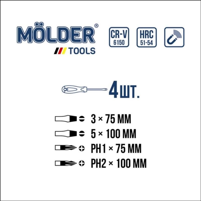 Викрутки набор 4 шт Molder CrV 6150 магнитный наконечник PH SL ручной инструмент (MT32204) - Зображення 2