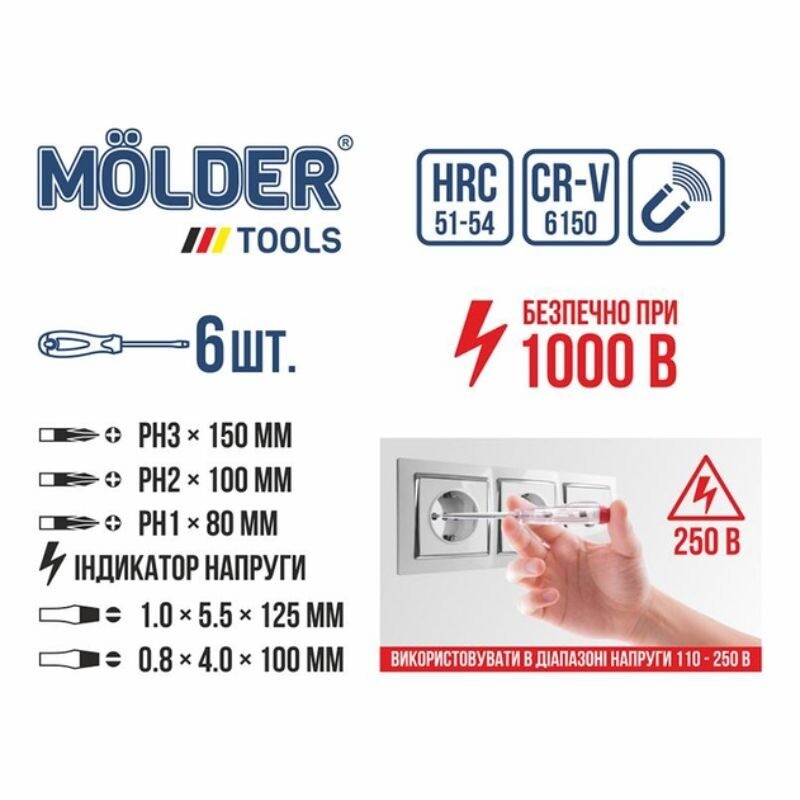 Диэлектрический набор отверток PH SL Molder CrV 6150 магнитный наконечник 1000В 6шт (MT35206) - Зображення 2