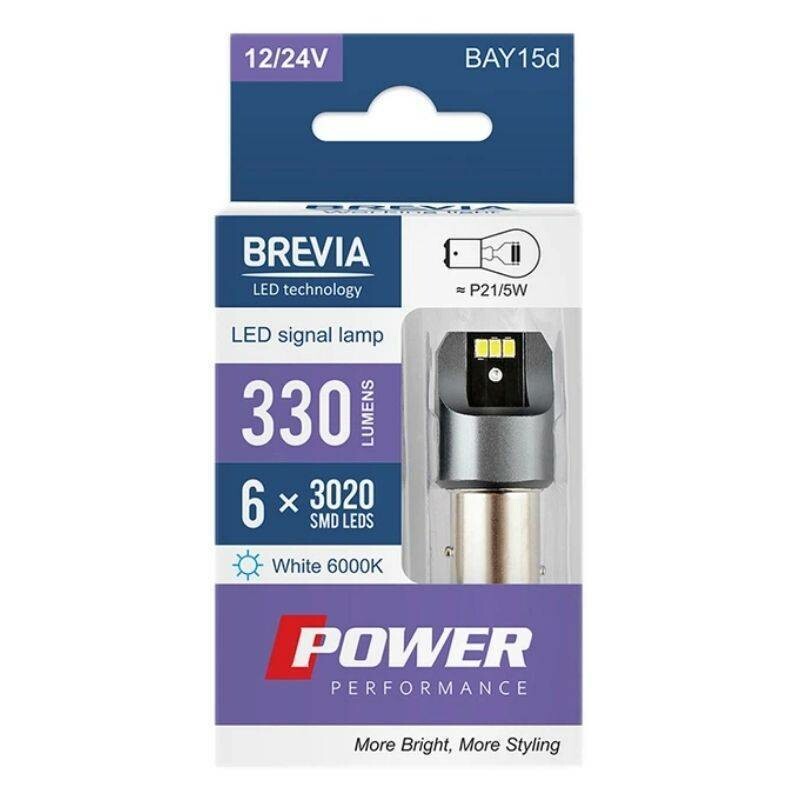 LED лампы 330 лм 6x3020 SMD 12V 24V CANBUS Brevia Power P21 5W вспомогательное светло (10103X2) - Изображение 3