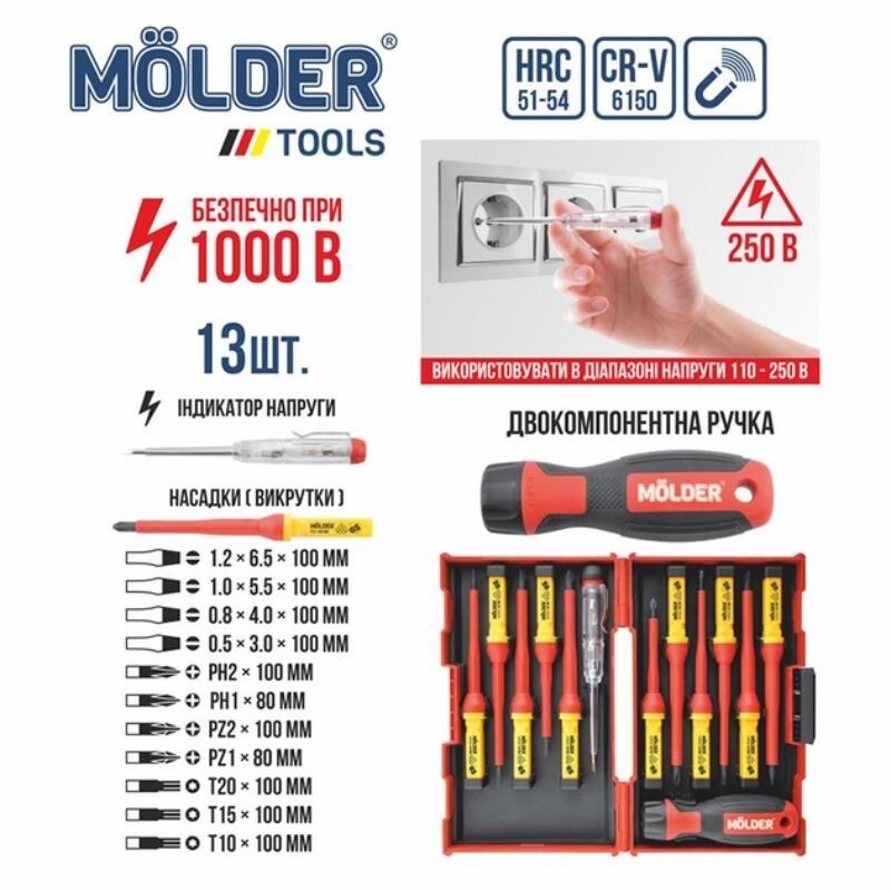 Диэлектрический набор изолированных отверток PH PZ SL Torx Molder CrV 6150 VDE 1000В с тестером 13шт (MT35213) - Зображення 2