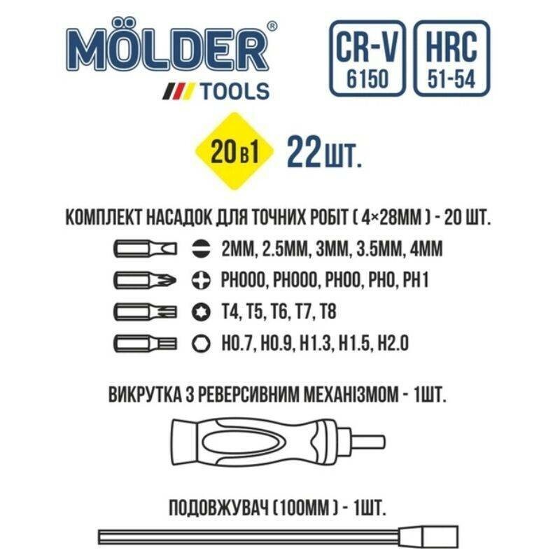 Отвертка реверсивная с комплектом насадок для точных работ Molder 22 шт (MT32322) - Зображення 1