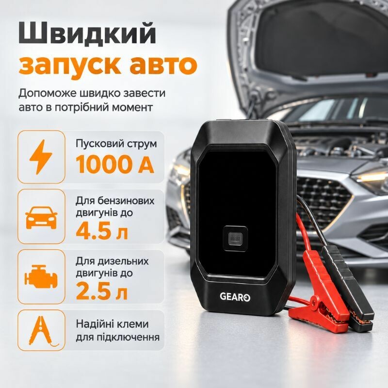 Бустер для авто с автокомпрессором и повербанком 4в1 Gearo 12000mAh 40л/мин 1000А 10Атм (GE0101) - Изображение 1