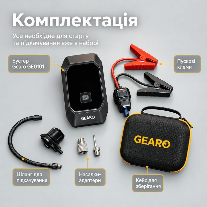 Бустер для авто с автокомпрессором и повербанком 4в1 Gearo 12000mAh 40л/мин 1000А 10Атм (GE0101) - Изображение 6