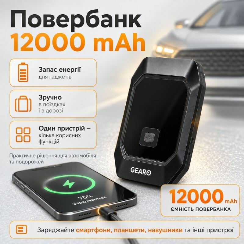 Бустер для авто с автокомпрессором и повербанком 4в1 Gearo 12000mAh 40л/мин 1000А 10Атм (GE0101) - Изображение 3