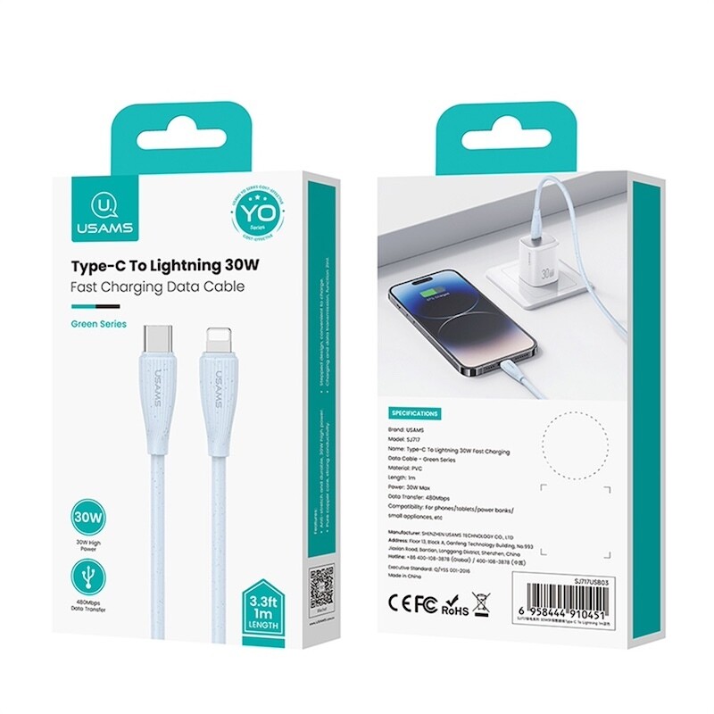 Зарядный кабель Type-C до Lightning 30Вт 1м 480Мбит синий Usams Green Series (SJ717USB03) - Изображение 1