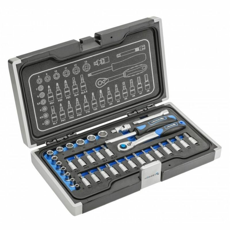 Набор инструментов 1/4" 34шт CrV CrMo Сталь S2 Hogert в кейсе (HT1R464)