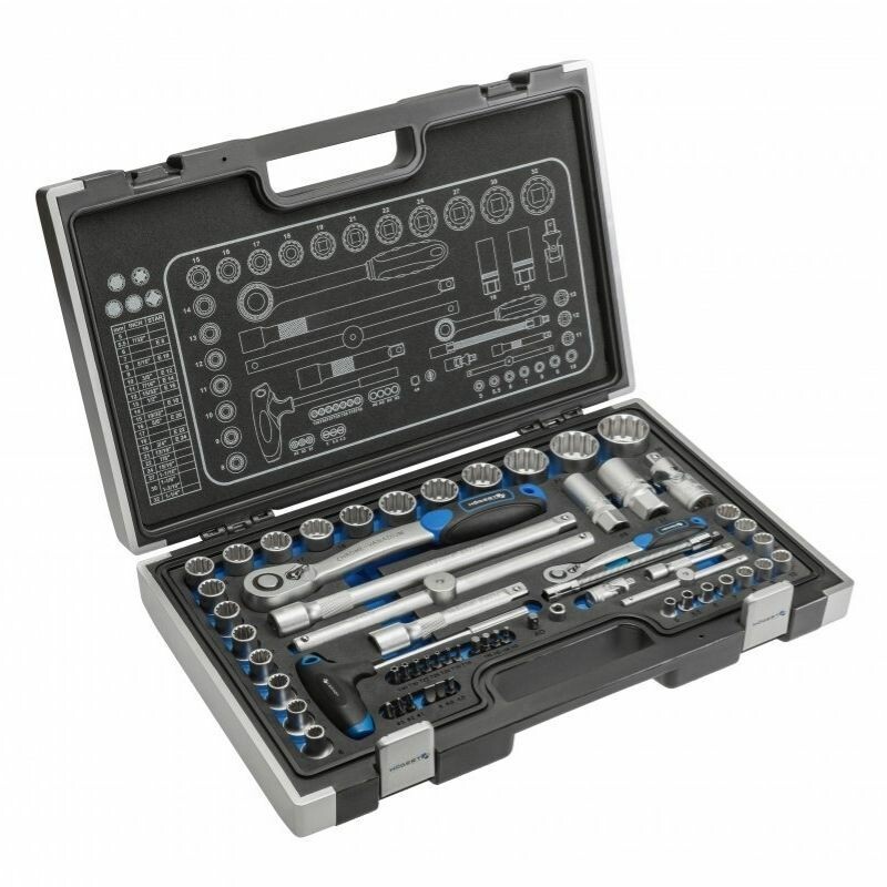 Набор инструментов 1/2" 1/4" 60шт CrV CrMo Сталь S2 Hogert в кейсе (HT1R470)