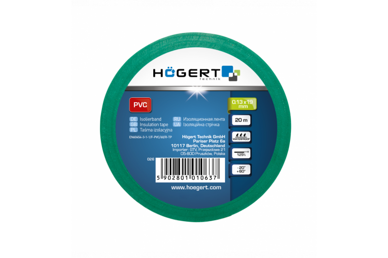 Изоляционная лента зеленая 19мм x 0.13мм x 20м Hogert артикул (HT1P284) - Изображение 1