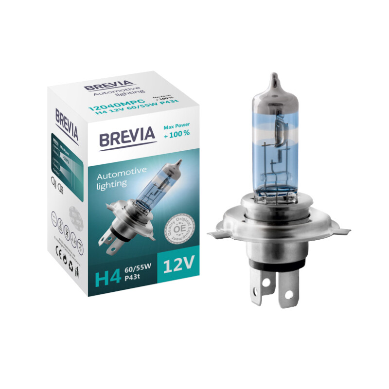 Галогеновая автолампа H4 Brevia Max Power повышенной яркости 100 процентов 1 штука (12040MPC)