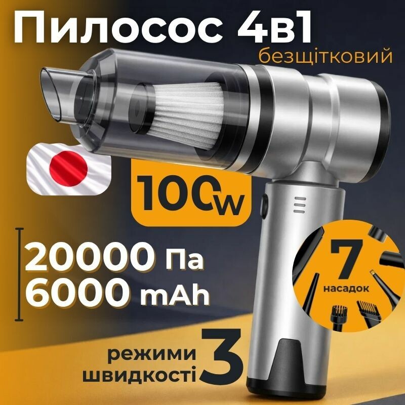 Пылесос автомобильный аккумуляторный 100Вт Gearo 4в1 20000PA 6000мАч 7 насадок серый (GE0121)