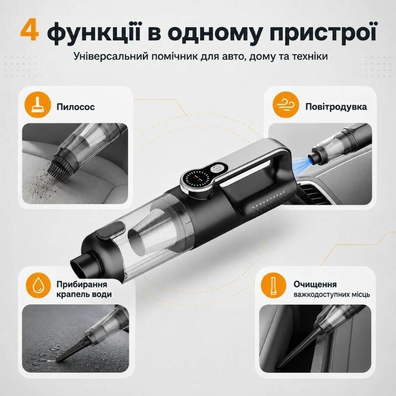 Пылесос автомобильный аккумуляторный 120Вт Gearo 4в1 17000PA 6000мАч 5 насадок черный (GE0122) - Зображення 5