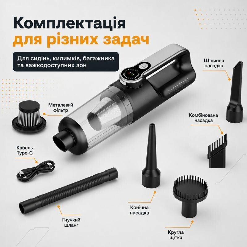 Пылесос автомобильный аккумуляторный 120Вт Gearo 4в1 17000PA 6000мАч 5 насадок черный (GE0122) - Зображення 1