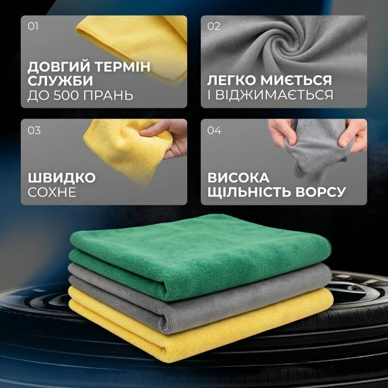 Набор салфеток 3 шт микрофибра 30×30см Gearo для авто разноцветные (GE0916) - Зображення 3