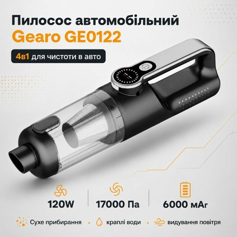 Пылесос автомобильный аккумуляторный 120Вт Gearo 4в1 17000PA 6000мАч 5 насадок черный (GE0122)