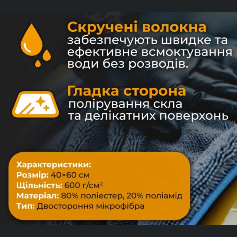 Полотенце влаговпитывающее из микрофибры 40x60 Gearo для ухода за авто синее (GE0902) - Зображення 2