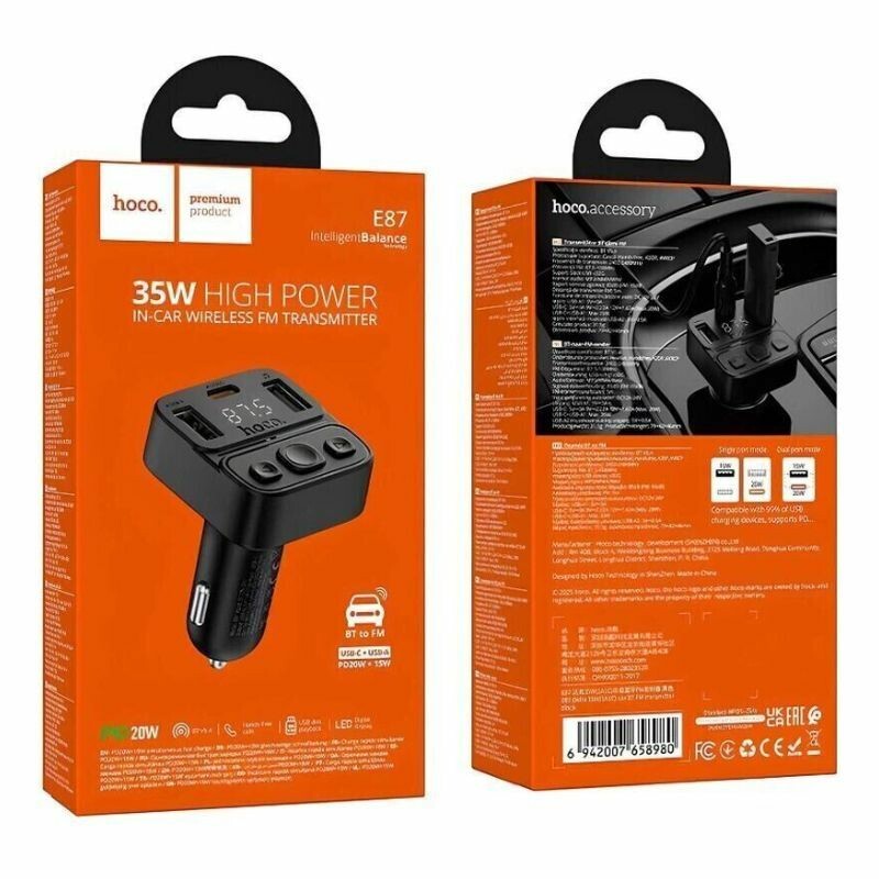 FM-модулятор в машину 3А 35W Hoco E87 Bluetooth/Type-C/USB черный (E87) - Зображення 5