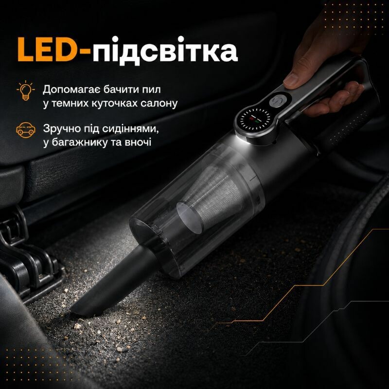 Пылесос автомобильный аккумуляторный 120Вт Gearo 4в1 17000PA 6000мАч 5 насадок черный (GE0122) - Зображення 2