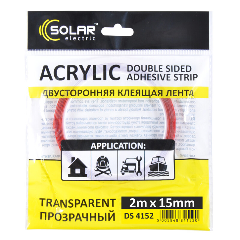 Двусторонний акриловый прозрачный скотч Acrylic Solar VHB 15мм х 2м для монтажа (DS4152) - Изображение 1