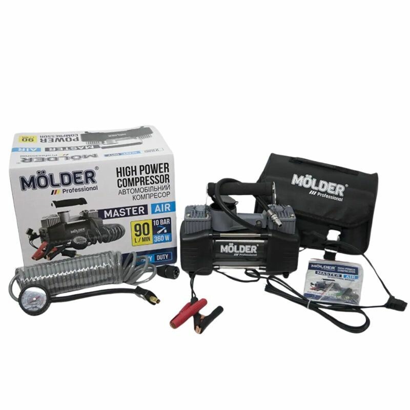 Двухпоршневой автокомпрессор MOLDER с гибким шлангом для шин R13-R21 10Атм 90л/мин 360Вт (MA25200) - Зображення 1