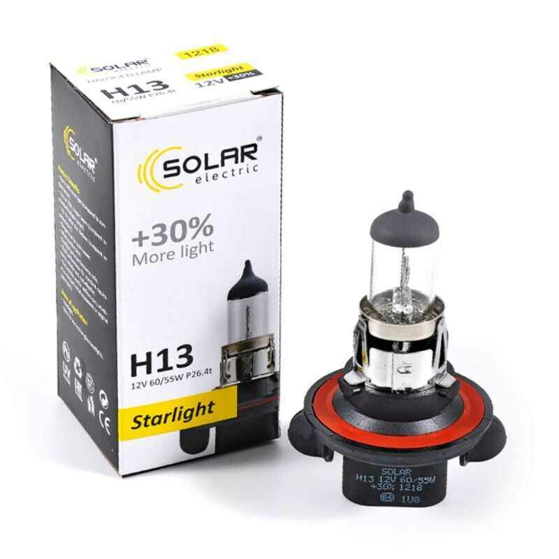 Галогеневая автолампа Solar H13 12V с повышенной яркостью на 30 процентов 1 штука (1218)