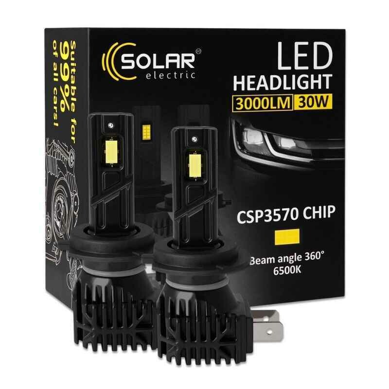 LED лампы H7 для авто Solar 12V 24V 30W 3000Lm 6500K CSP3570 комплект 2 штуки (8407S2)