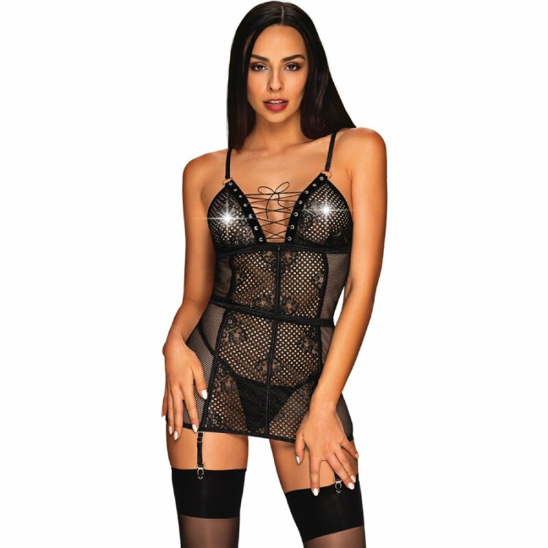 Сорочка в сітку Obsessive Basitta, L/XL, зі шнурівкою, чорна - Изображение 3