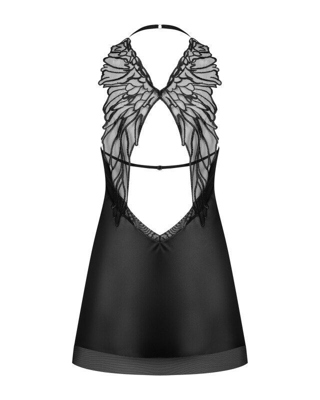 Сорочка атласна Obsessive Alifini з декоративними крилами, чорна, L/XL - Зображення 6