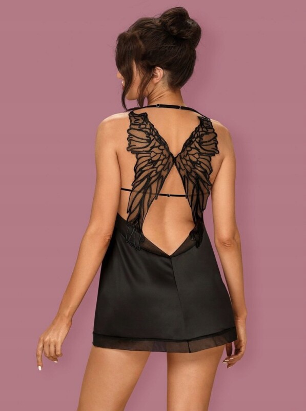 Сорочка атласна Obsessive Alifini з декоративними крилами, чорна, L/XL - Зображення 8