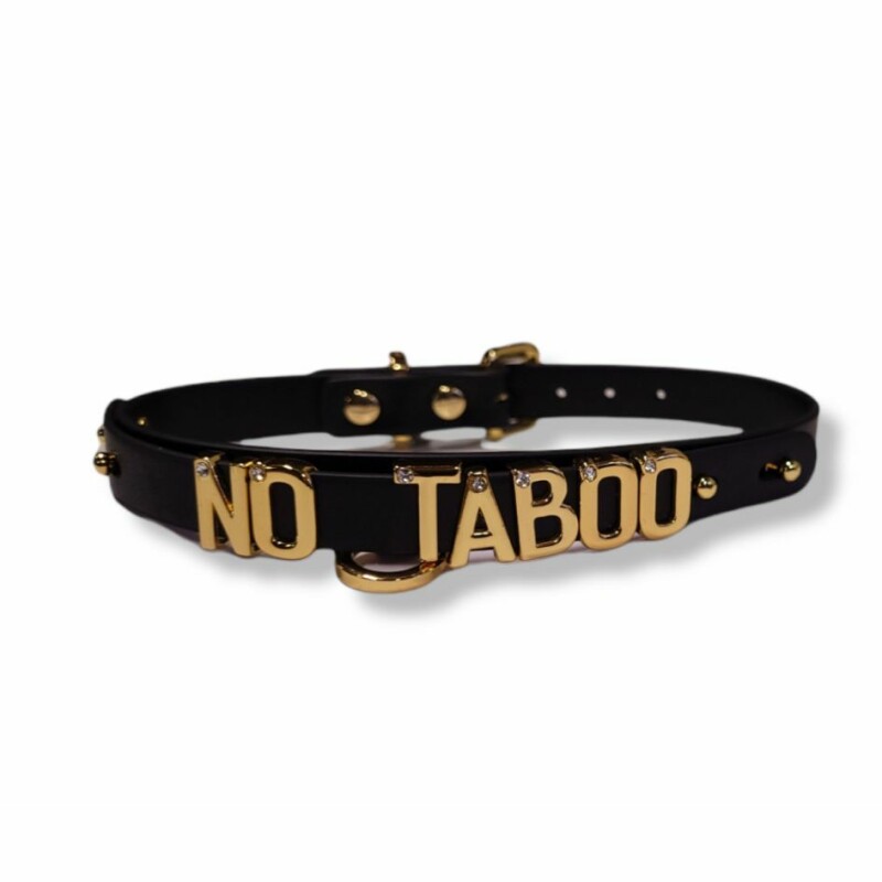 Чокер з написом NO TABOO від UPKO з італійської шкіри, чорний з золотою фурнітурою - Зображення 2