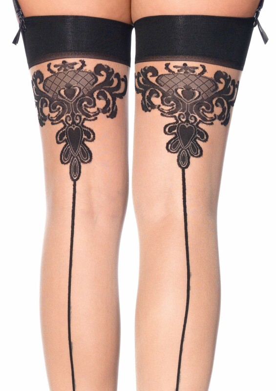 Панчохи з візерунками One Size Tana Sheer Thigh High Stockings від Leg Avenue, бежево-чорні - Зображення 2