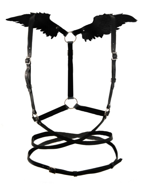Портупея з крилами One Size Black Angel 2, натуральна шкіра, чорна - Изображение 1