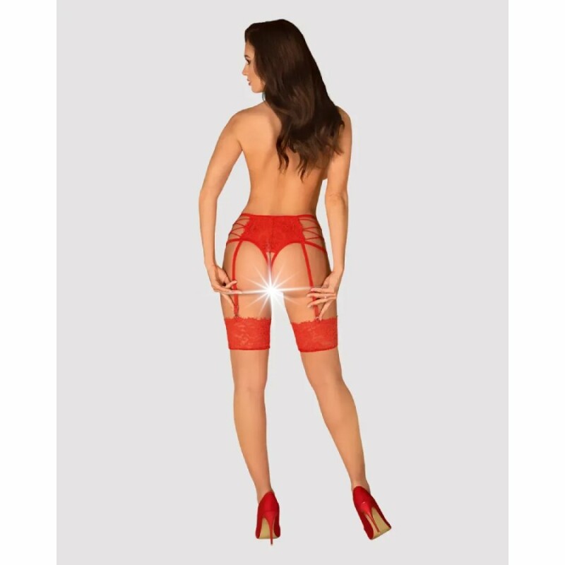 Сексуальні трусики Obsessive Rediosa, L/XL, мереживні, з інтимним вирізом, з пажами для панчіх, червоні - Зображення 6