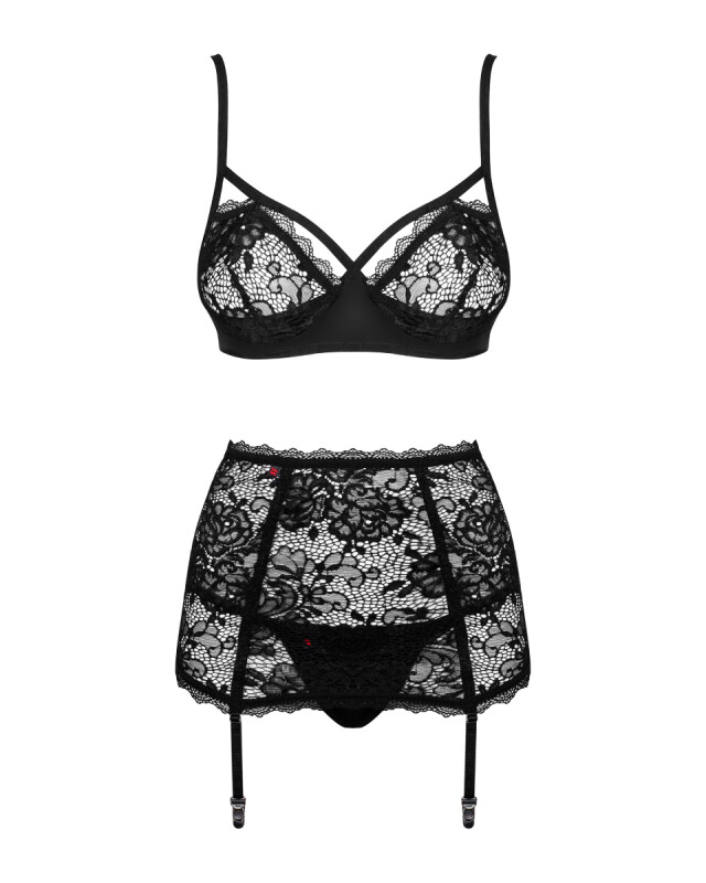 Сексуальний комплект Obsessive Peonesia, L/XL, з 3 частин, мереживний, чорний - Изображение 5