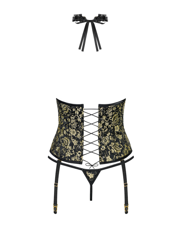 Сексуальний корсет Obsessive Shelle, L/XL, з відкритими грудьми, з трусиками і чокером, чорний - Зображення 8