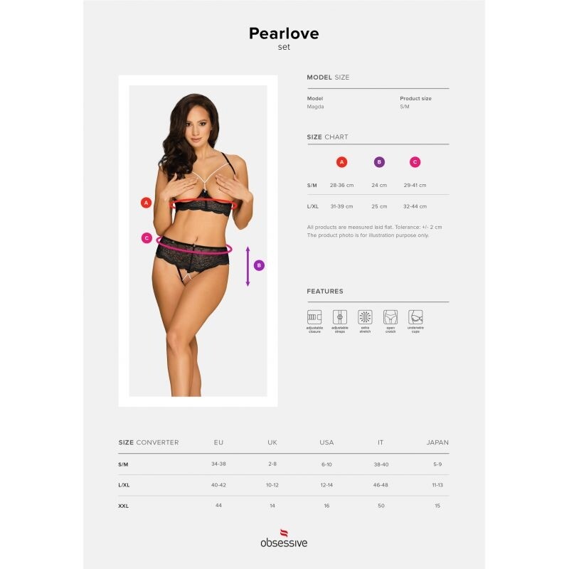 Еротичний комплект Obsessive Pearlove XS/S, з відкритими грудьми та інтимною зоною, чорний - Зображення 6