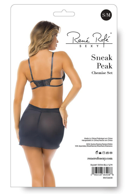 Сексуальна сорочка Rene Rofe Sneak Peak Chemise, S/M, напівпрозорий, мереживний, синя - Изображение 3